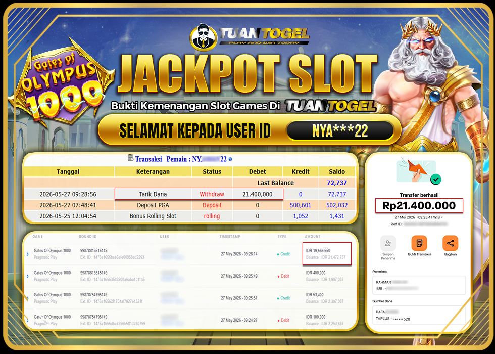TUANTOGEL JACKPOT SLOT GATES OF OLYMPUS 1000 Rp21.400.000